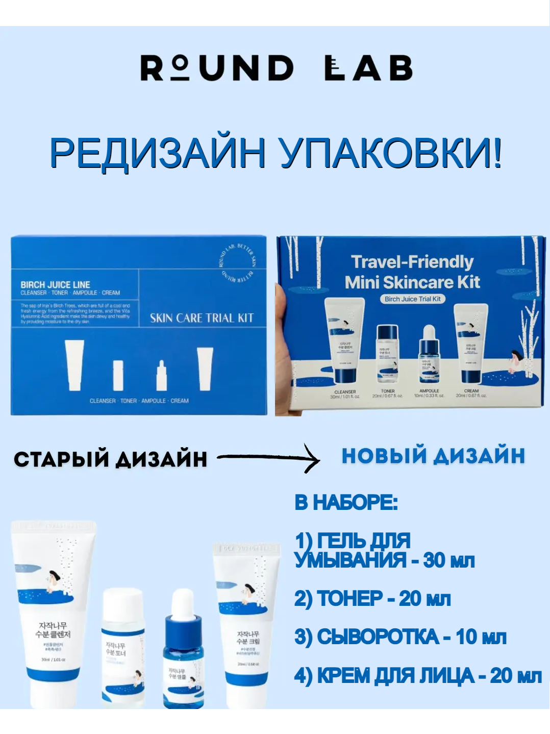 Набор миниатюр Round Lab Travel-Friendly Birch Juice Trial Kit, 30+20+10+20 мл — фото 1