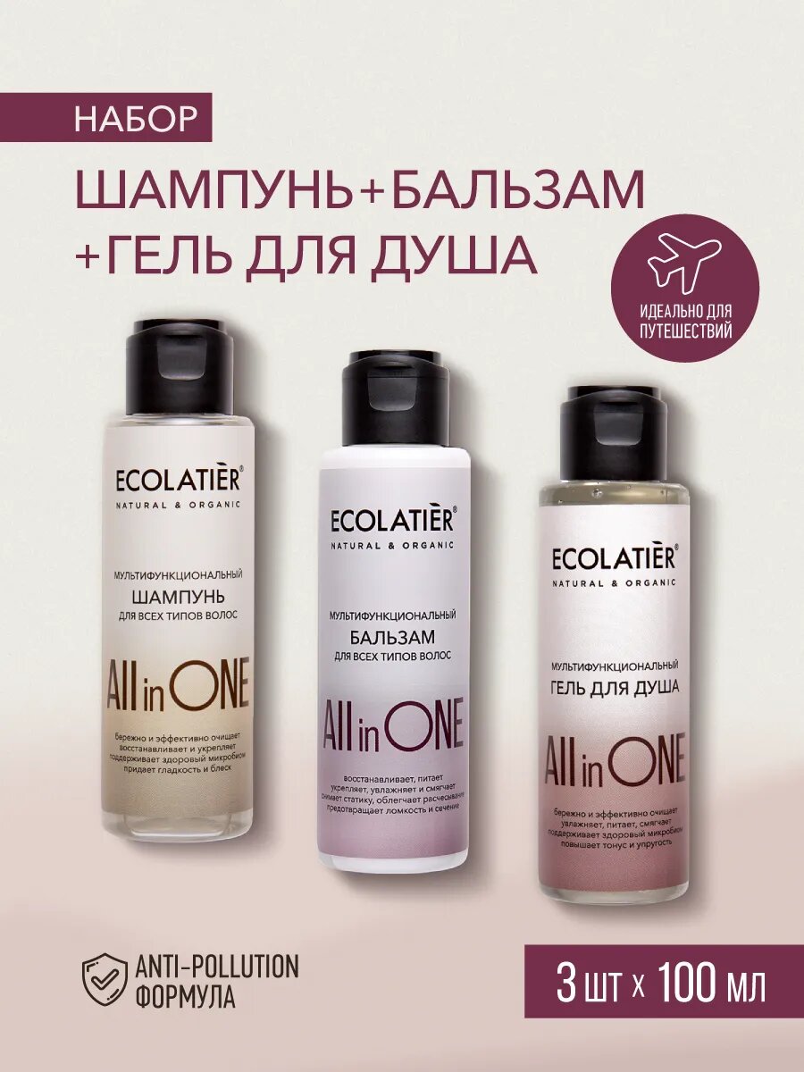 Набор дорожный подарочный 3 в 1 ECOLATIER ALL IN ONE Шампунь для волос, Бальзам для волос, Гель для душа, 3шт х 100мл