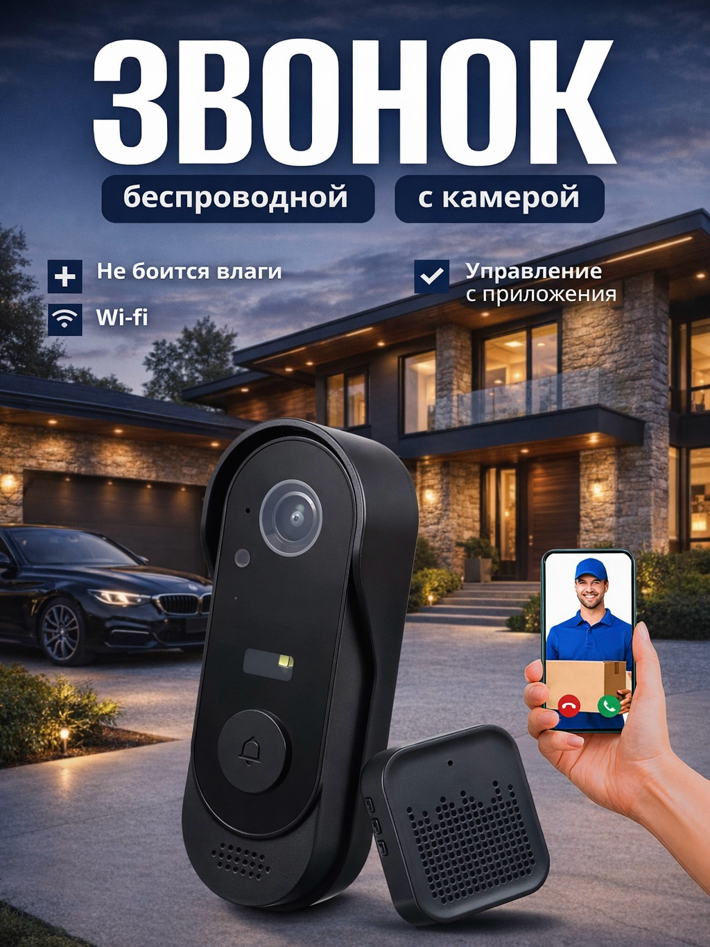 Беспроводной дверной звонок с камерой для квартиры и дома, видеоглазок