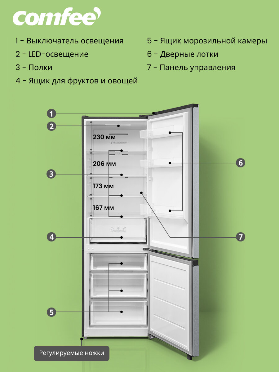 Холодильник двухдверный Comfee RCB449LS1R, 340 л, Full No Frost, 4 режима, зона свежести, инверторный компрессор — фото 1