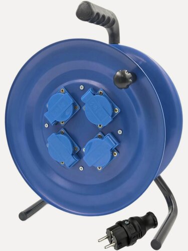 Изображение товара Катушка удлинителя металлическая 4 розетки с заземлением и крышками в комплекте с вилкой 220В 16А IP44 2Р+РЕ