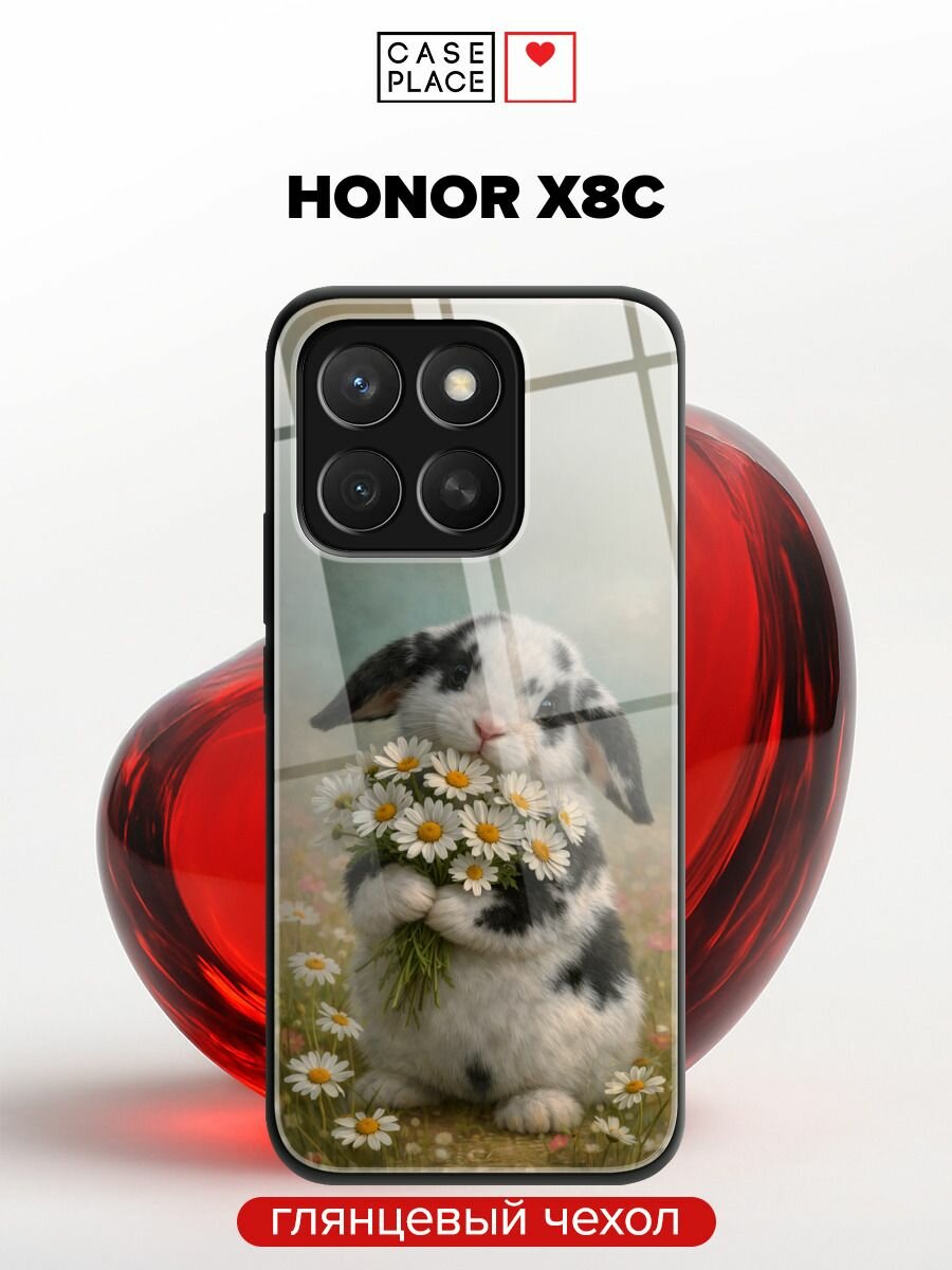 Чехол на Honor X8c / Хонор Х8с с принтом "Кролик с букетом ромашек"
