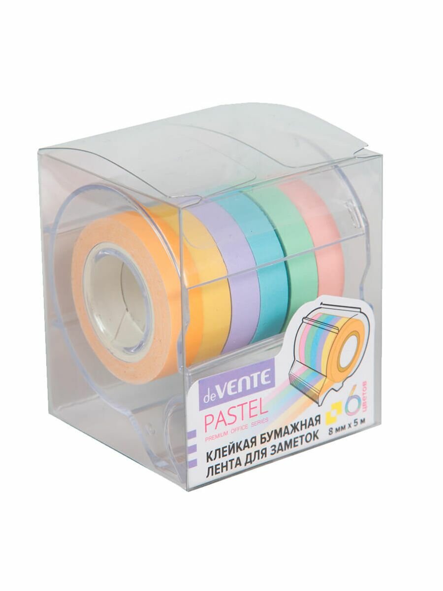 Закладки deVente Pastel,8мм*5м, 6 пастельных цветов, пластиковый диспенсер с ножом