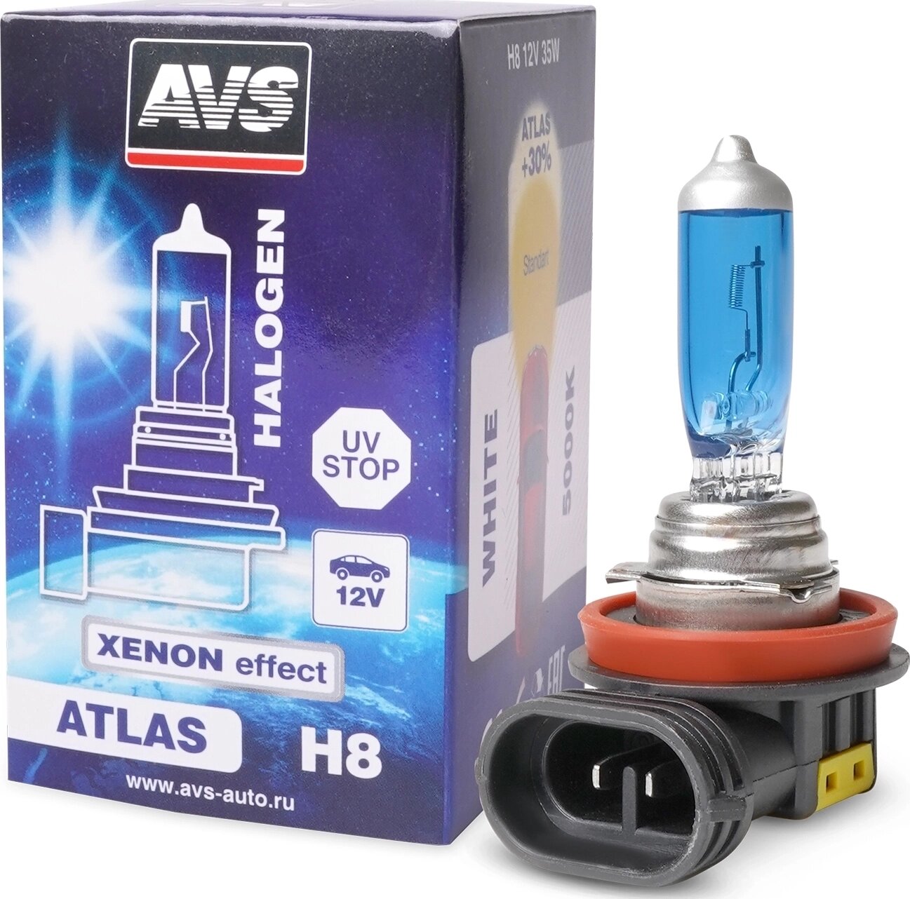 Галогенная лампа AVS ATLAS BOX/5000К/ H8.12V.35W. коробка 1шт.