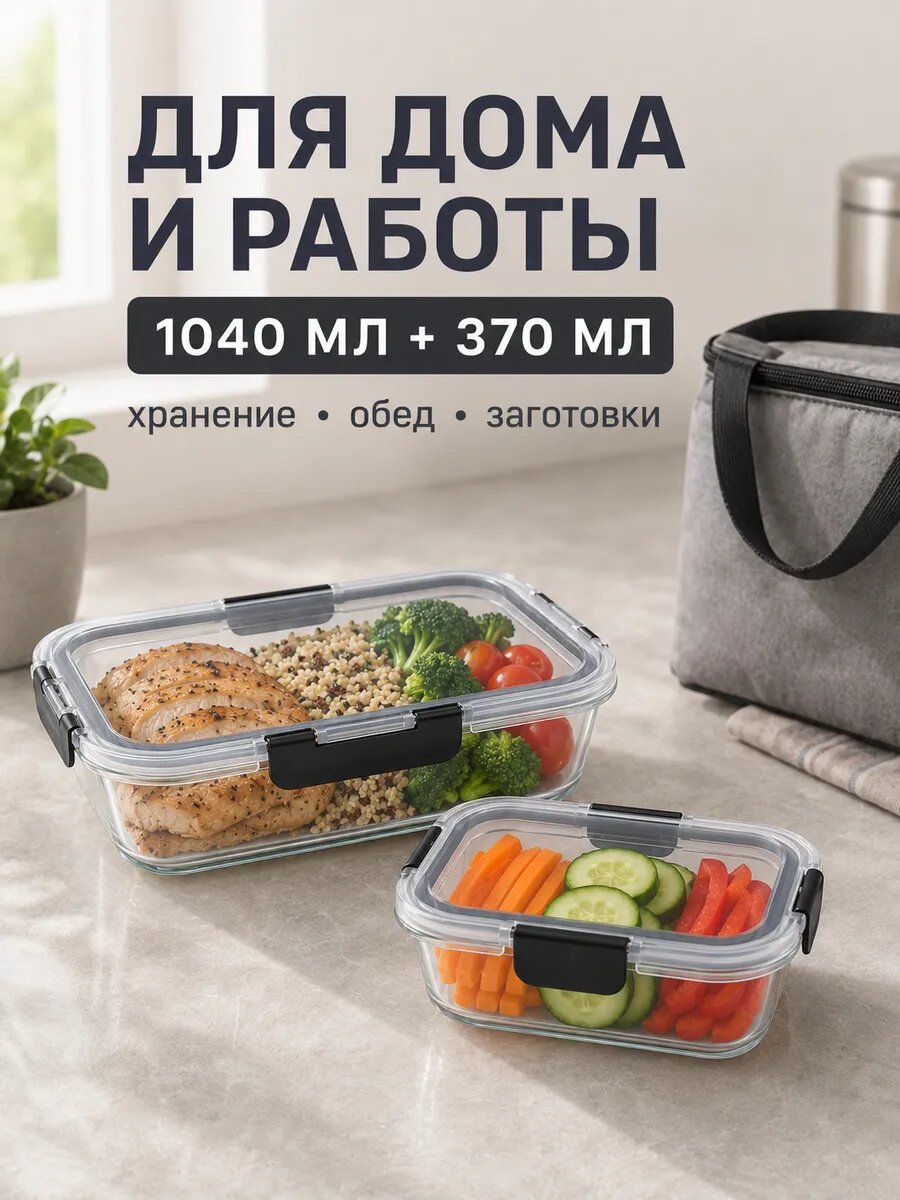 Стеклянные контейнеры для еды "мимар", боросиликатные, 1040/370мл
