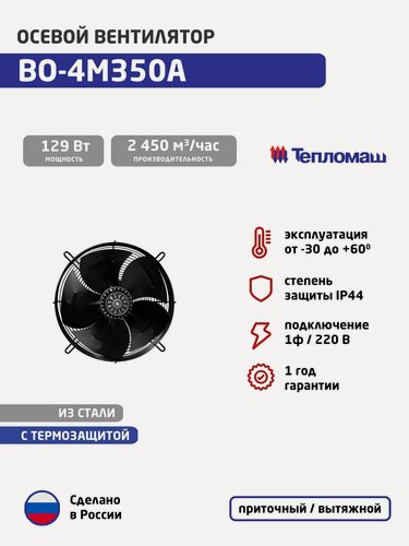Изображение товара Вентилятор осевой с защитной решеткой ВО-4М350А (1ф/220, 129 Вт, 1400 об/мин)