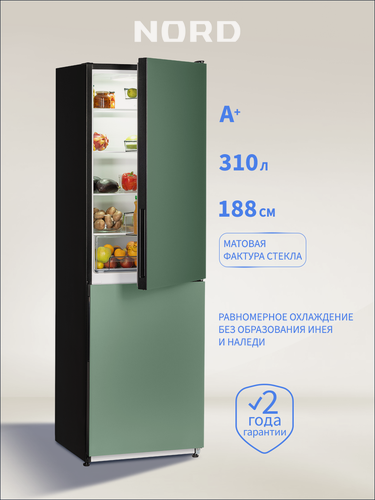 Изображение товара Двухкамерный холодильник NORD NRG 162NF GrM с нижней морозилкой, общий объем 310 л, зеленое матовое стекло
