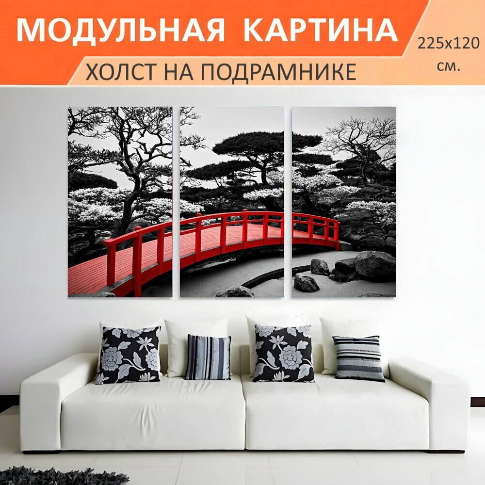 Модульная картина на холсте "Japanese garden with red bridge, black and white landscape with selectively colored bridge, serene." триптих на подрамнике 225х120 см. для интерьера