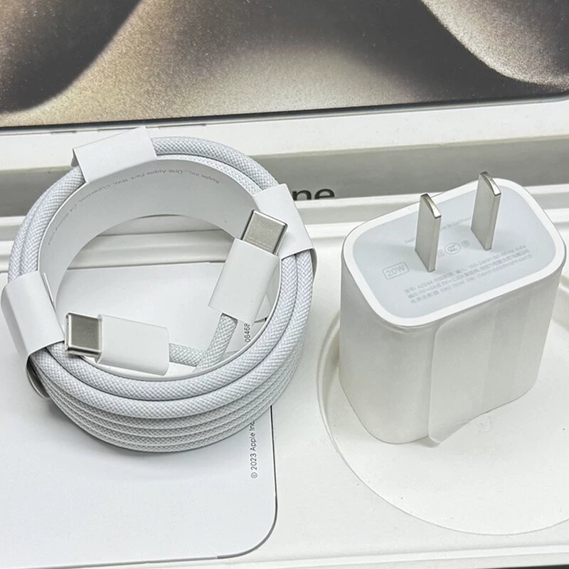 1 комплект: USB-C плетеный кабель + адаптер 20Вт, двойной разъем Type-C, оригинальный от Foxconn, для iPhone 15/16