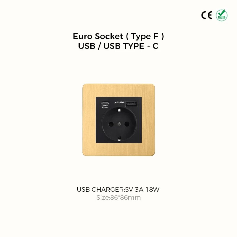 AVOIR Euro Socket USB/USB-C, EU Socket, золотой