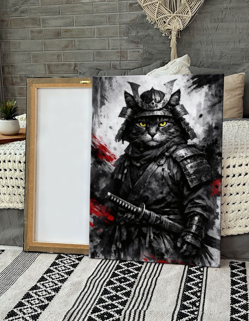 Картина на холсте (самурай, кот, доспехи, шлем, катана, меч, желтые глаза) 30x40 см. Интерьерная на стену. Украшение в комнату. В подарок.