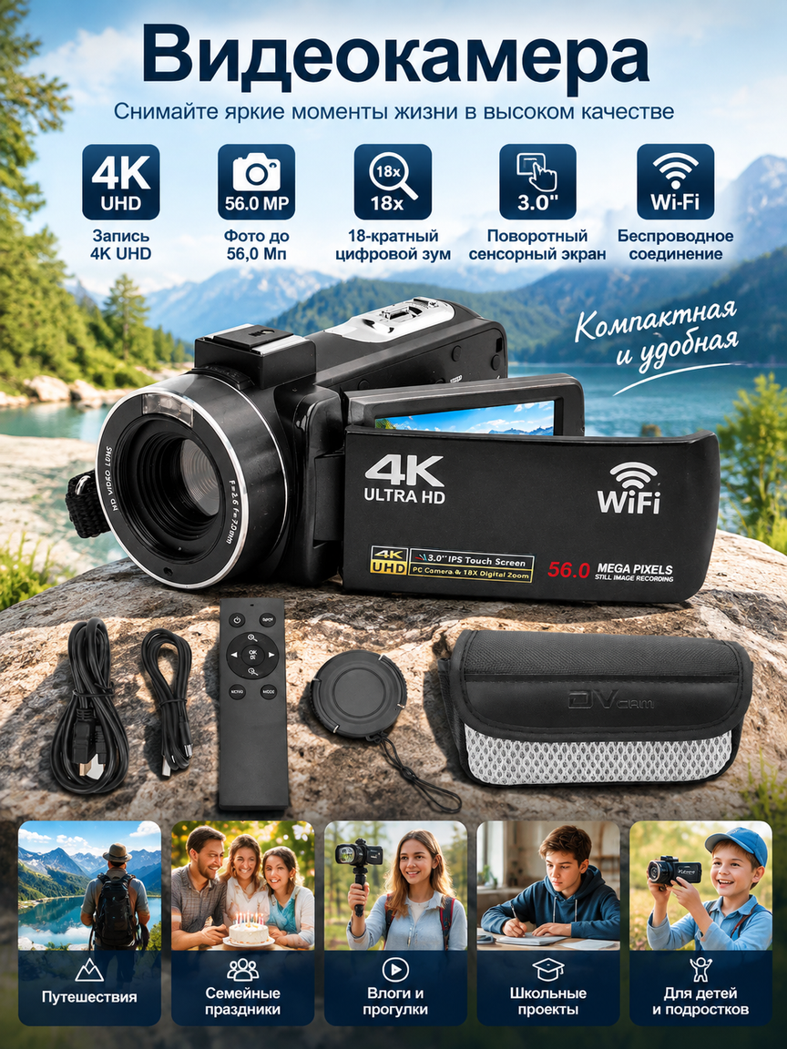 Видеокамера 4K 56 Мп с 18x зумом, сенсорным экраном и Wi-Fi — практичный выбор для съемки