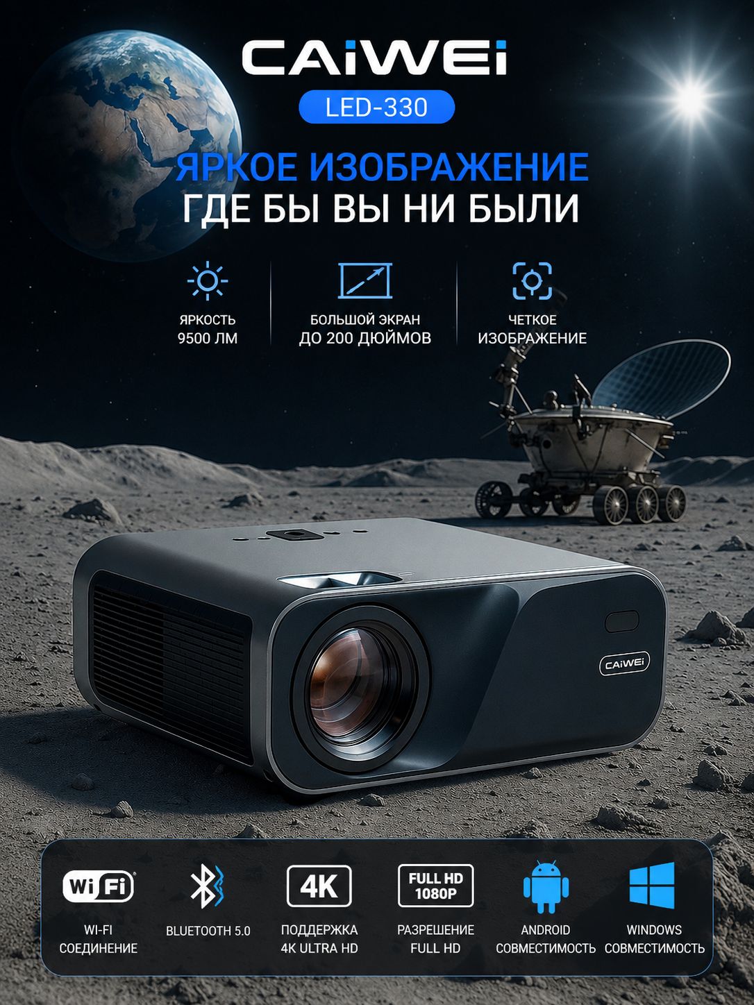 Проектор для фильмов Caiwei Led-330 FullHD Wi-Fi Bluetooth Android+экран подарок