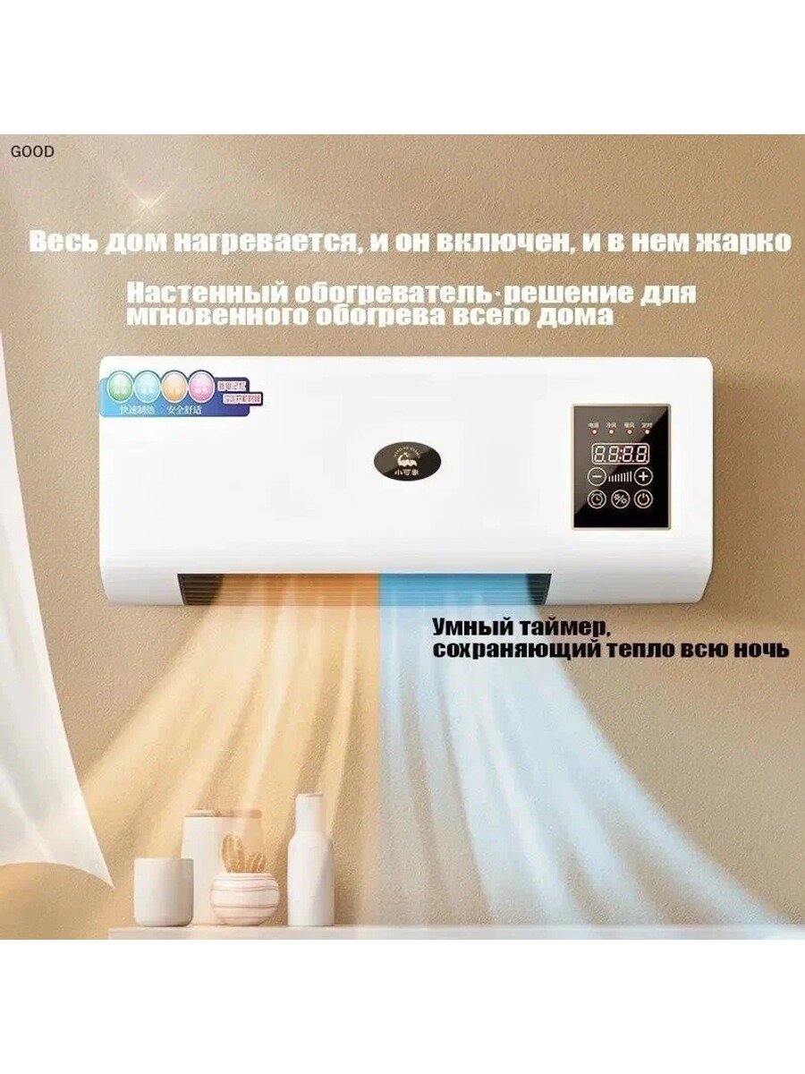 Водяной тепловентилятор: настенный, 2 кВт, до 25 кв. м, сенсорное управление