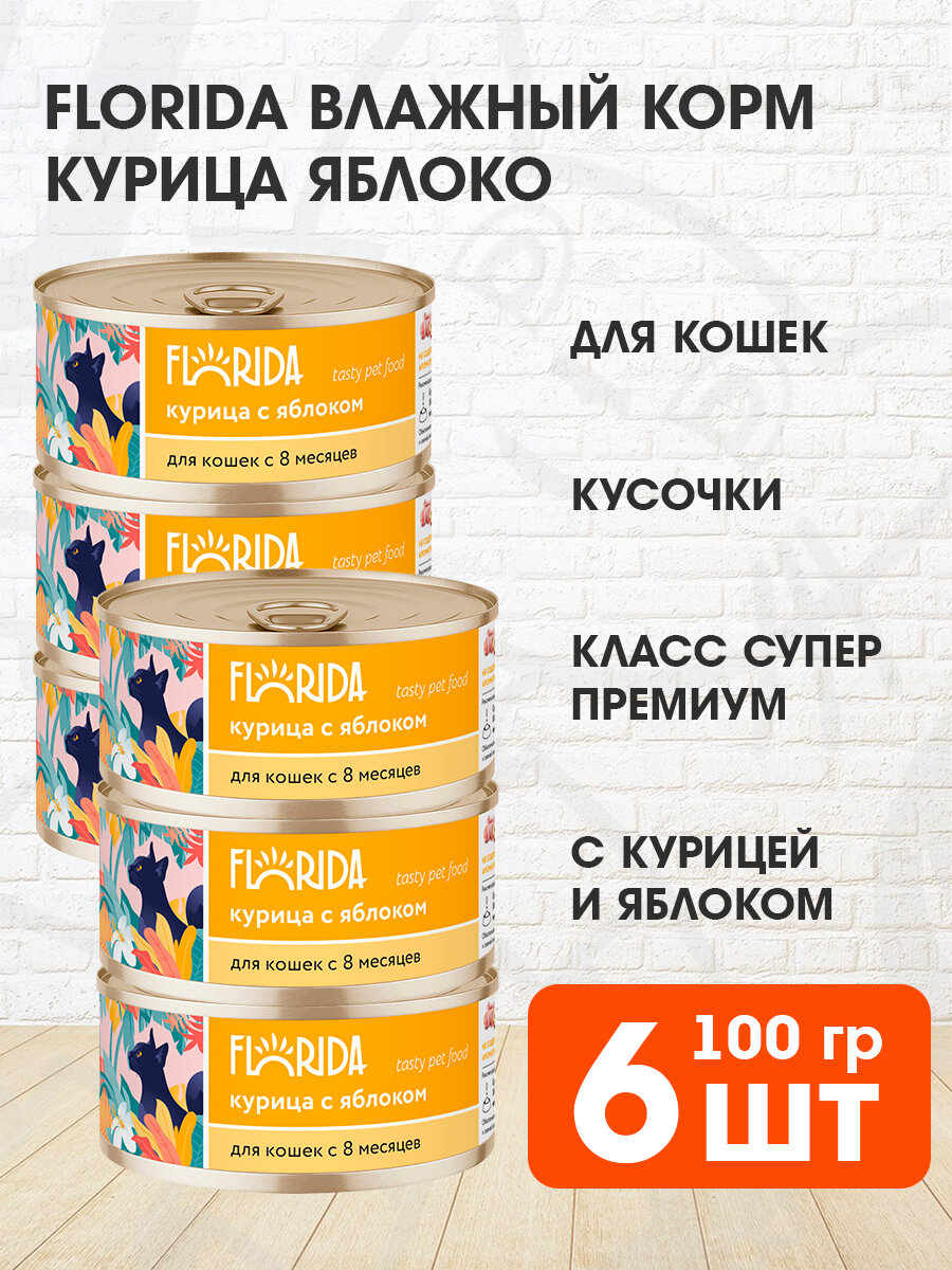 Корм влажный Florida для взрослых кошек, курица и яблоко, 100 г 6 шт