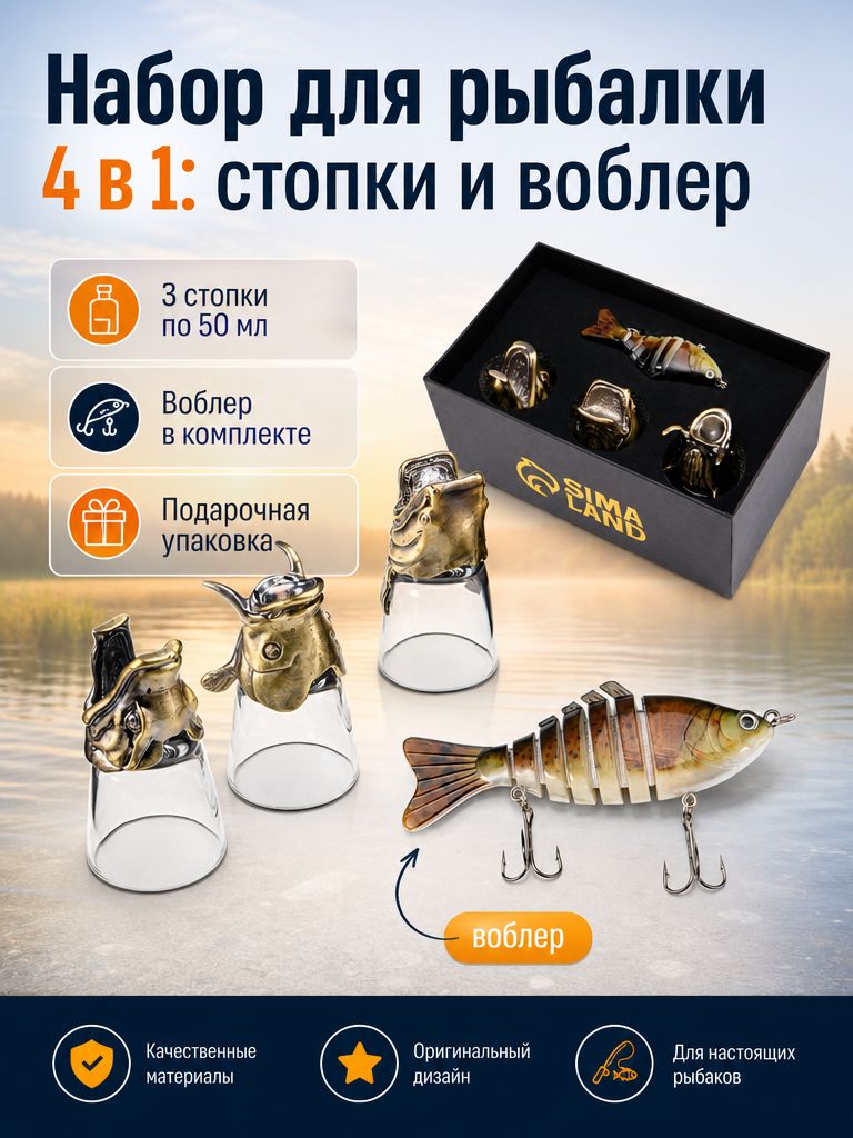 Подарочный набор 4 в 1 "Удачная рыбалка": 3 рюмки для водки по 50 мл, воблер, бронза