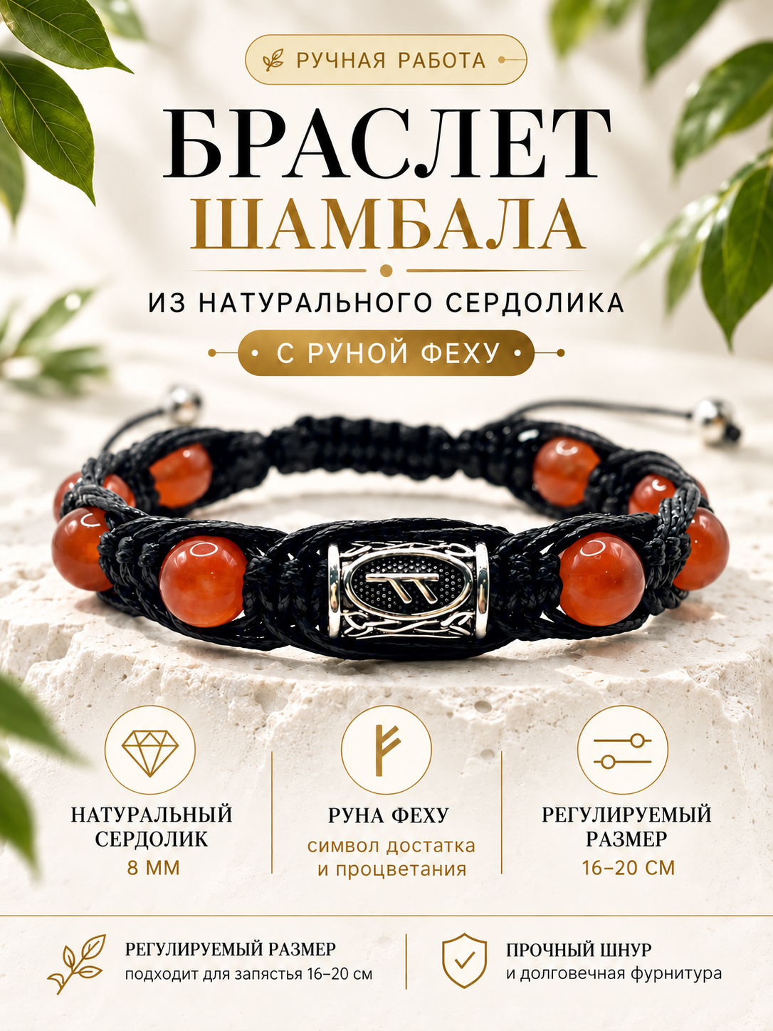 Плетеный браслет, сердолик, гематит, металл