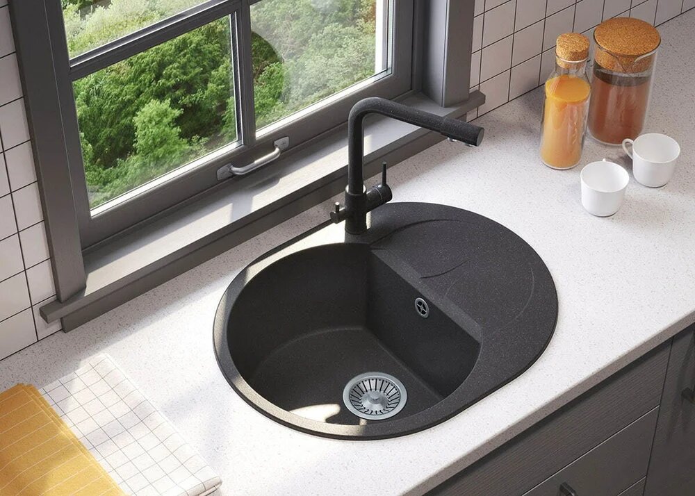 Мойка кухонная Polygran Atol 679016 76x50, мойка для кухни, с крылом, черная, овальная, матовая