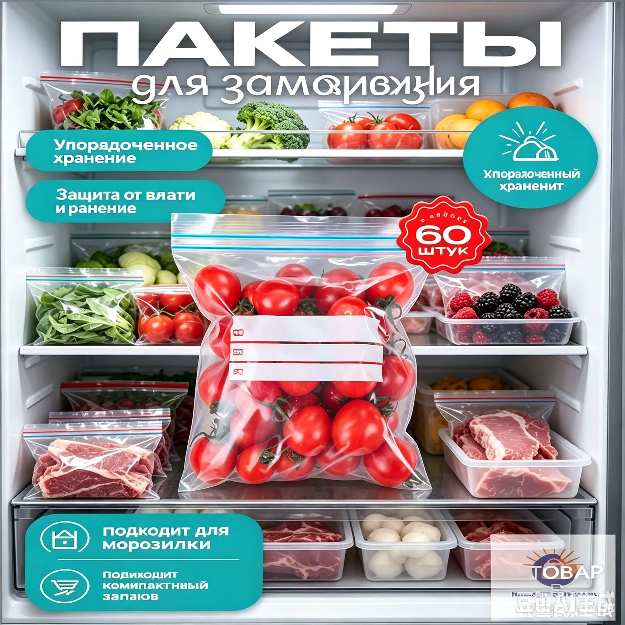 Пакеты для заморозки 17х21 (2 литра) см, 60 шт, 45 мкм