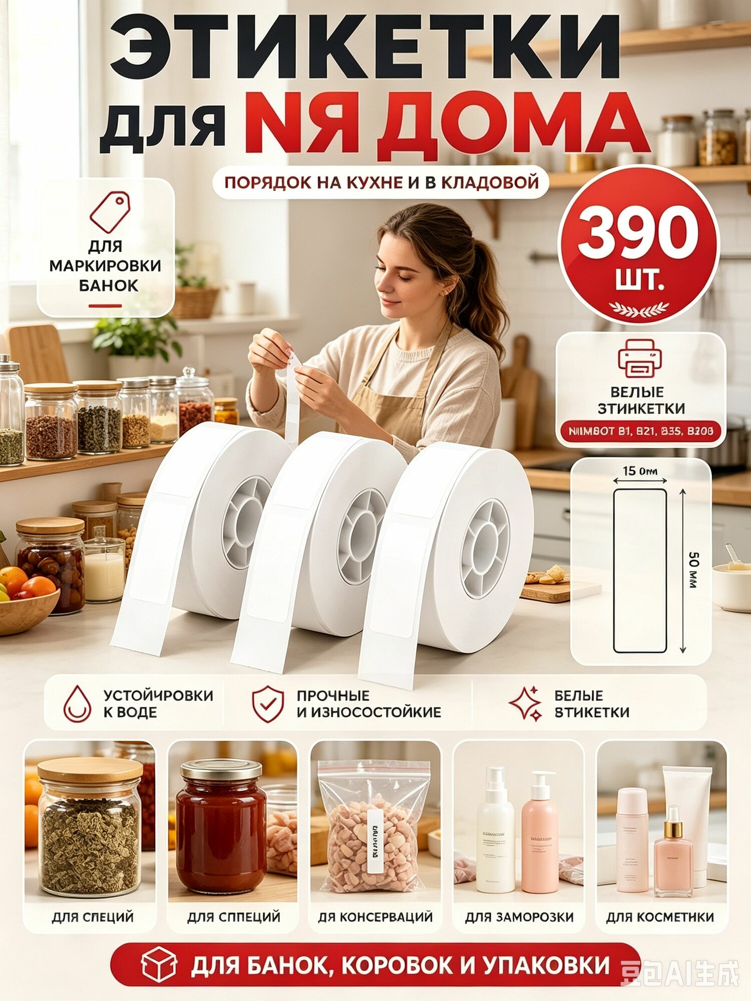 Этикетка для печати 1.5 x 5 см, 390 шт.