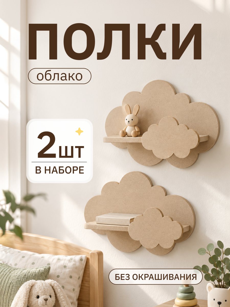 Полка-облако детская настенная прямая деревянная - 2шт без окрашивания 25х15х20 см
