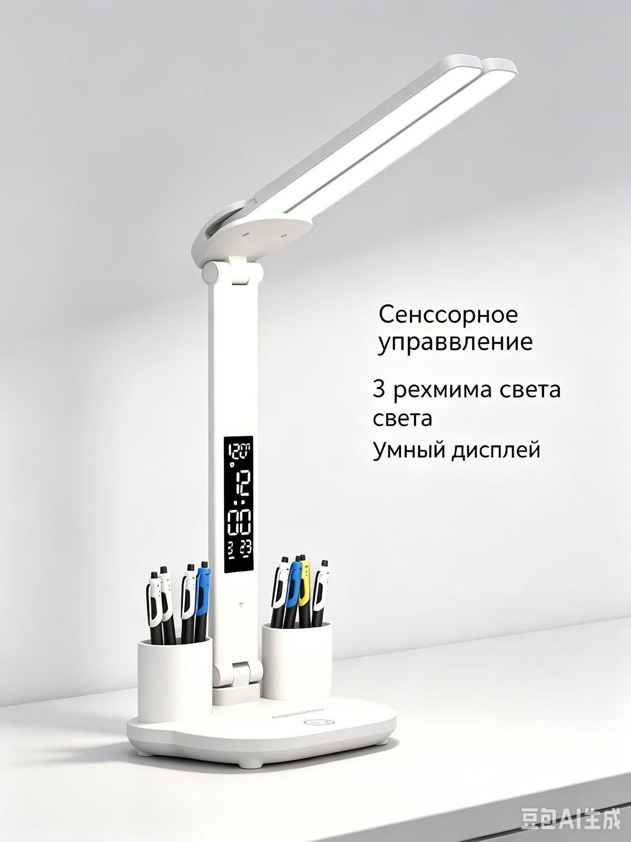 Настольная лампа светодиодная беспроводная с аккумулятором, двойная, с дисплеем (часы, температура) и органайзером