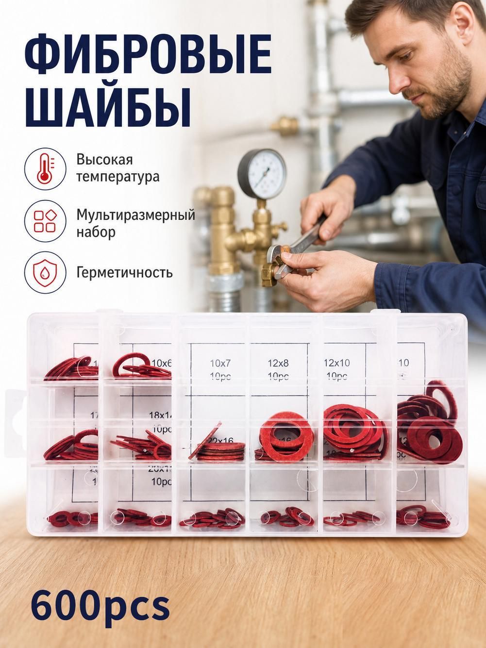 Набор шайб из красной фибры, 150 штук, 14 размеров, в пластиковом кейсе