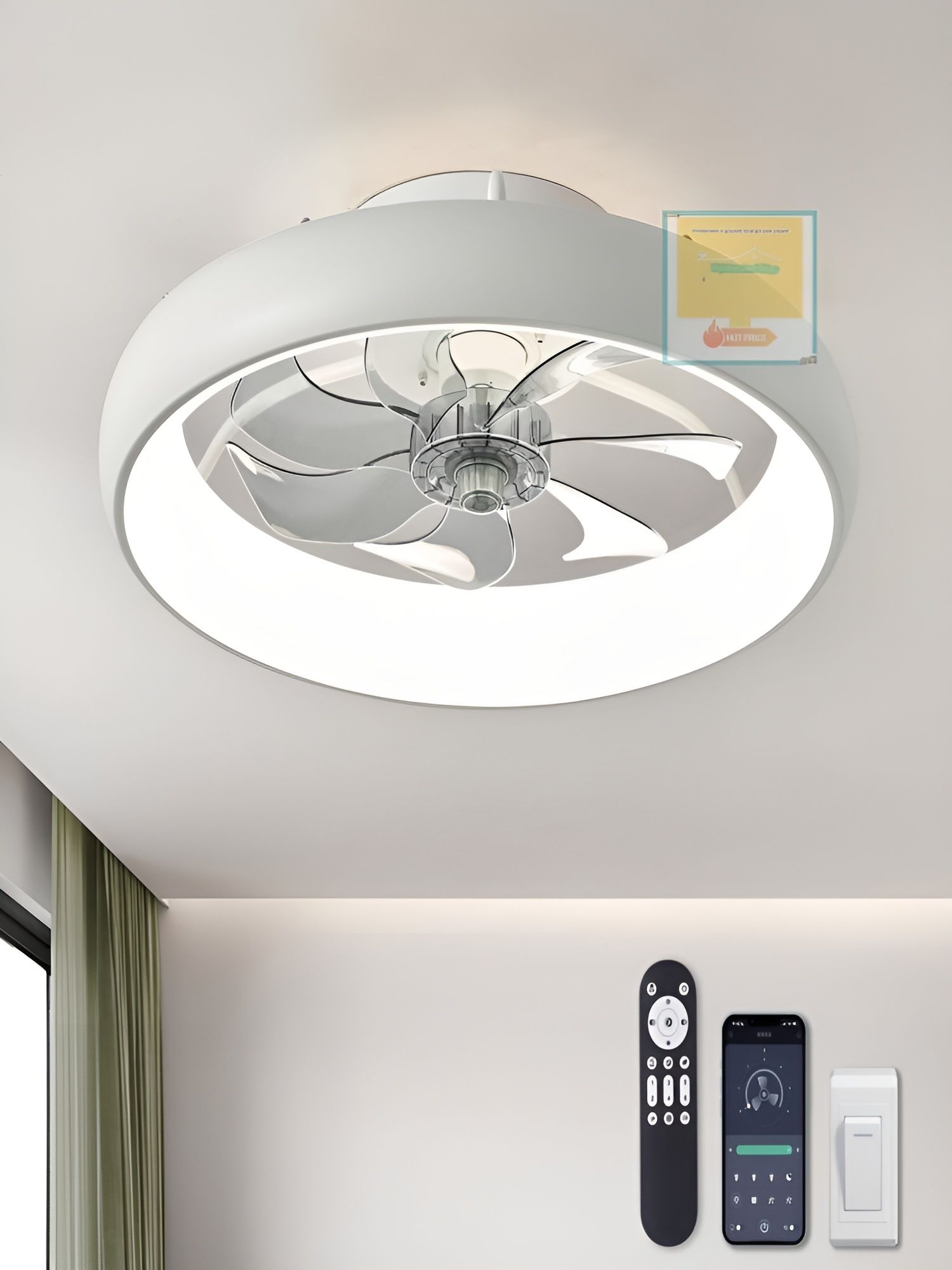 Потолочный вентилятор 50см LED, низкопроф, пульт/APP, реверс, 3 цв. темп, 6 скор, тихий. Спальня/детская/кух, 4 сез