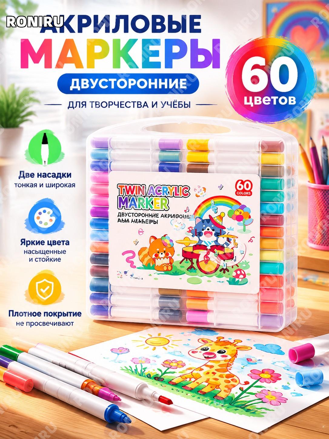Двухголовые акриловые маркеры 60 цветов детские для рисования набор цветных фломастеров для творчества и учебы