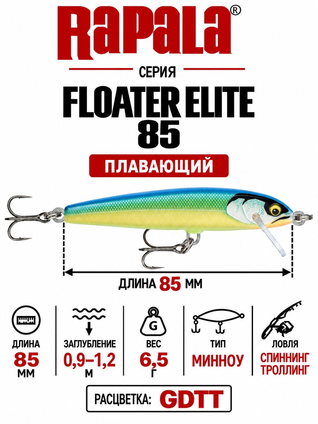 Воблер RAPALA Floater Elite 85 GDTT плавающий до 0,9м, 8,5см, 6,5гр