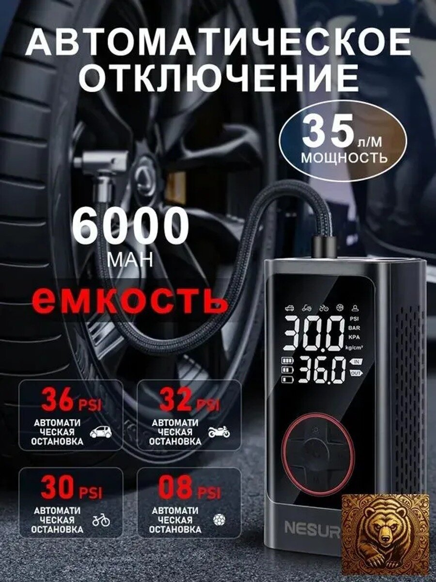 Автомобильный компрессор 80 Вт, 35 л/мин, двухпоршневой, с цифровым манометром и автостопом