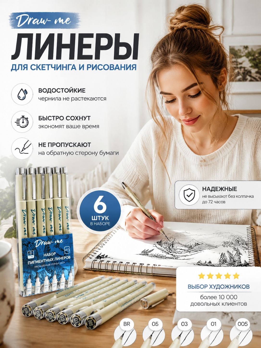 Набор ручек Капиллярная, Линер, цвет: Черный, 6 шт.
