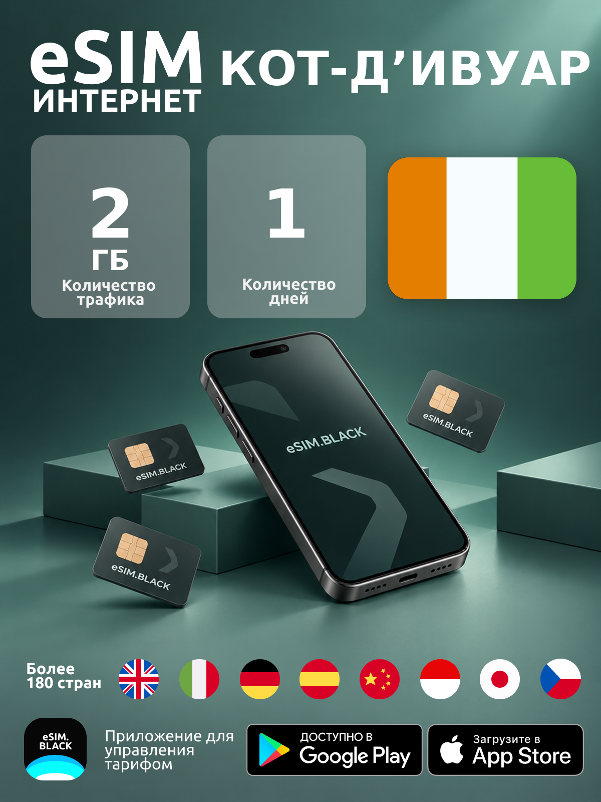 Кот-д’Ивуар/1 день/2 ГБ - eSIM для мобильного интернета ( iPhone | Android ).