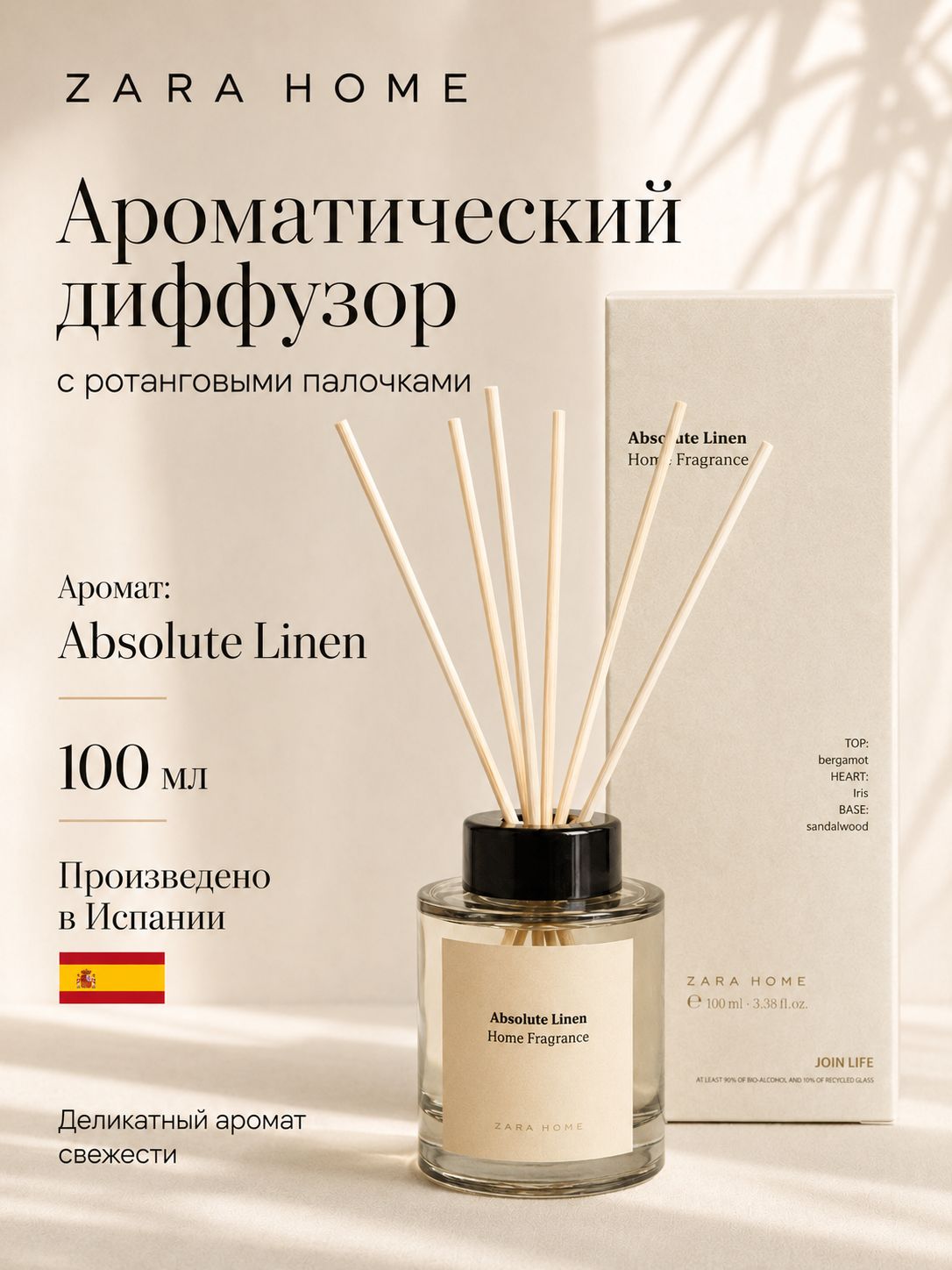 Ароматический диффузор для дома с палочками ZARA HOME Absolute Linen, 100 мл