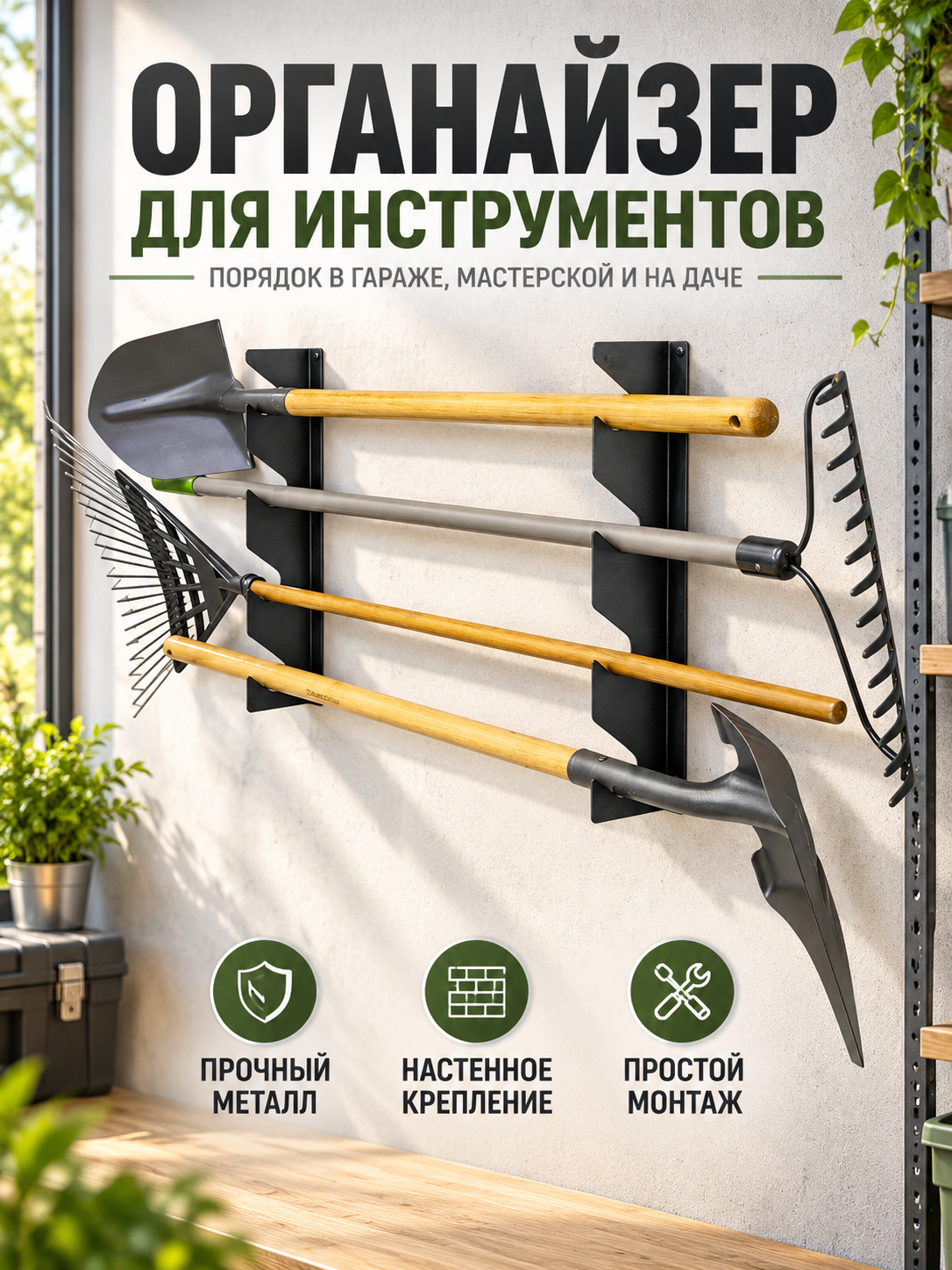 Органайзер для инструментов настенный металлический, простой монтаж, держатель садового инвентаря для гаража и дачи