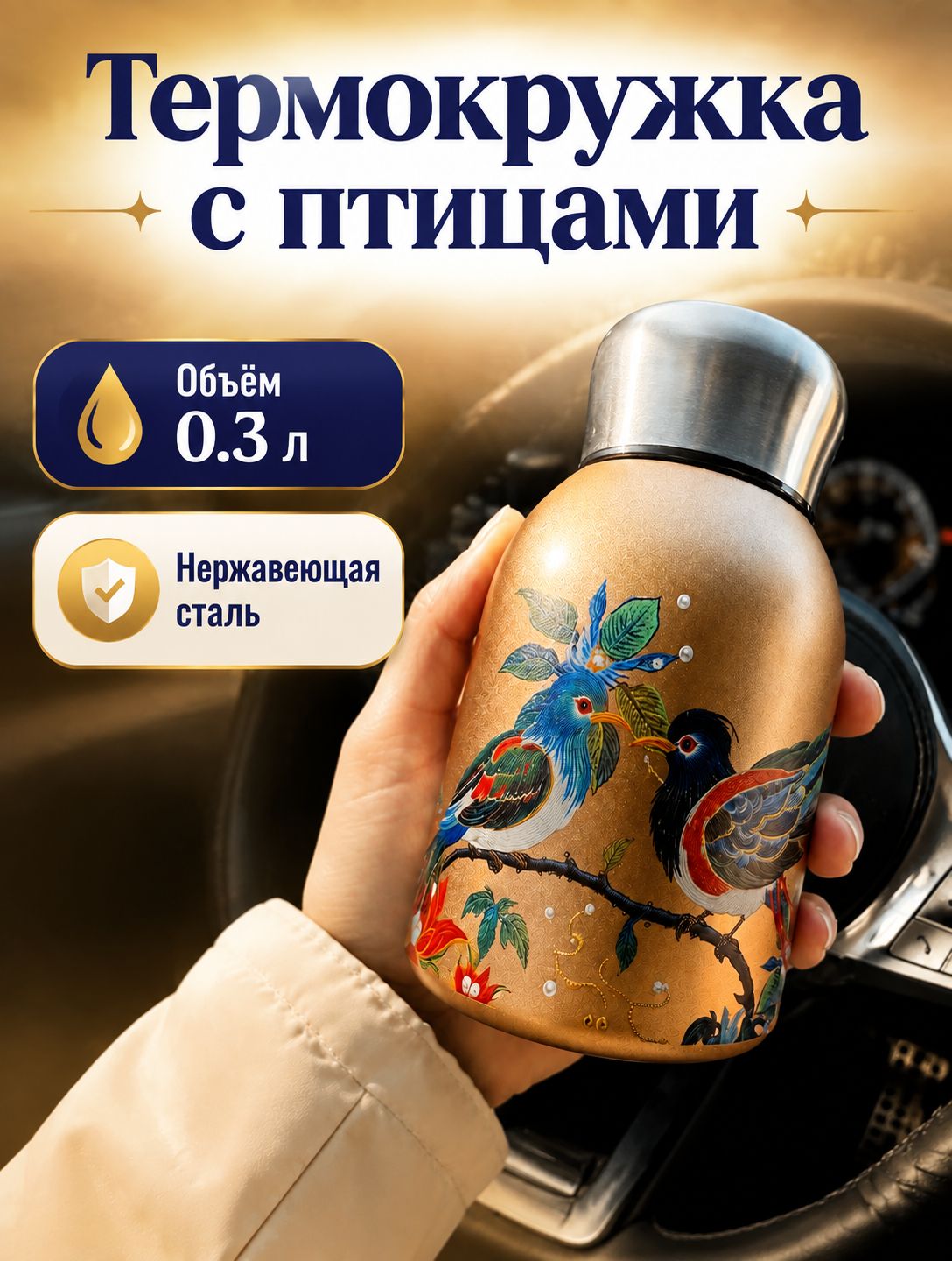 Термокружка 0.3 л, холод 6 ч, тепло 6 ч, крышка-чашка, непроливайка, коричневый