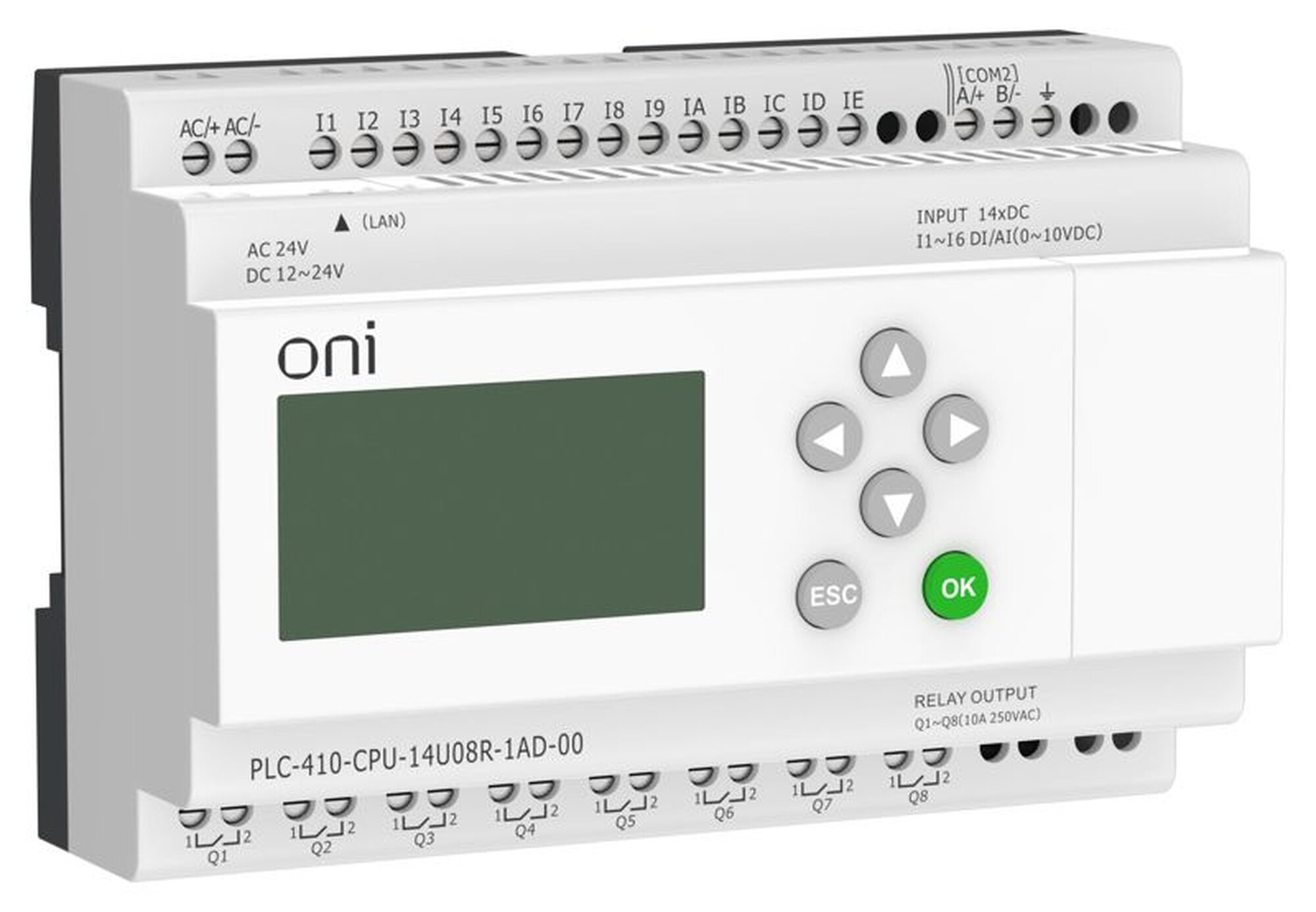 Модуль ЦПУ ПЛК 410 8 DI 6 UI (0-10 В/DI) 8 RO 12В-24В DC или 24В AC с Ethernet портом с экраном ONI PLC-410-CPU-14U08R-1AD-00