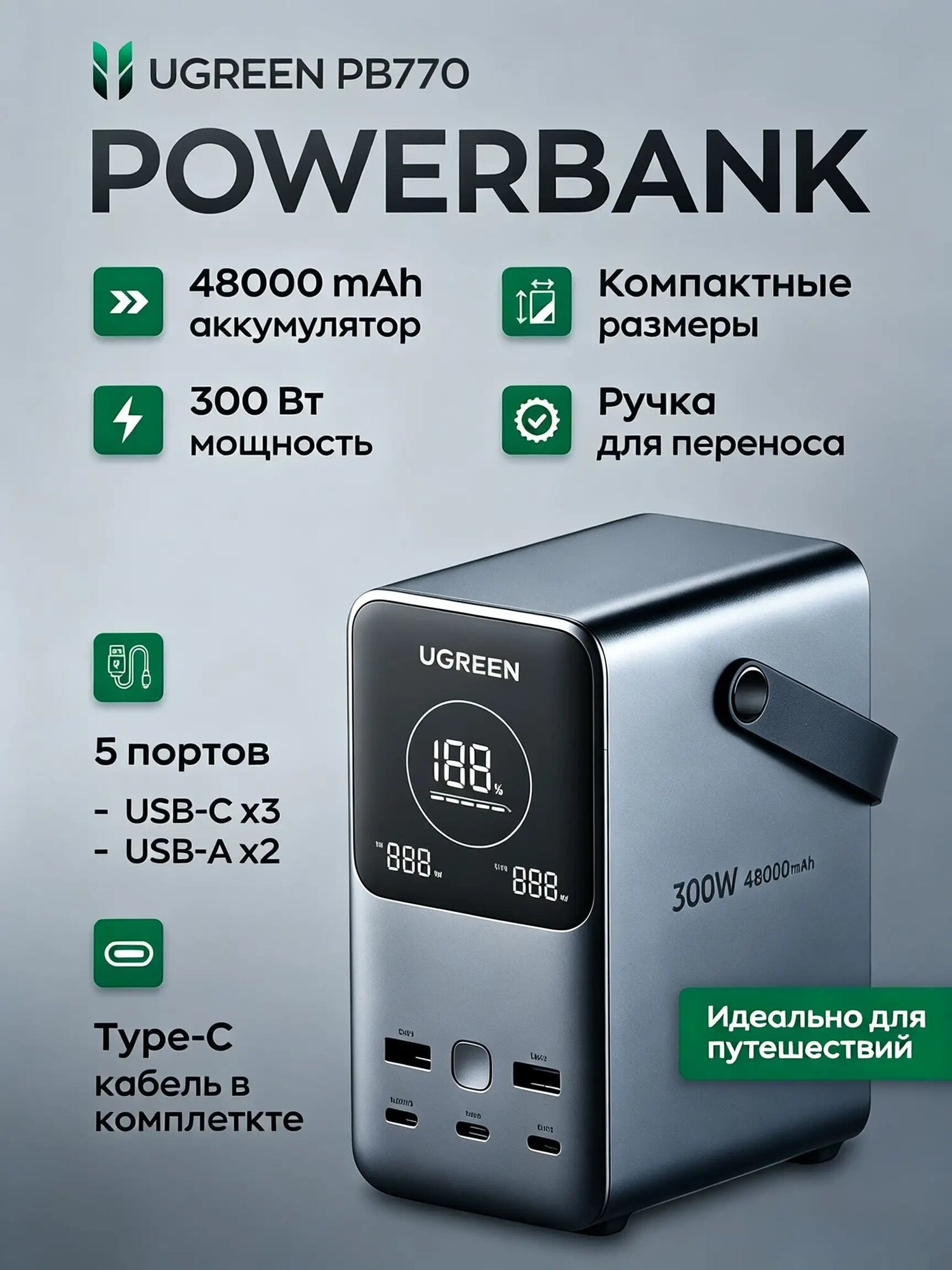 Повербанк UGREEN PB770 (25286) 48000mAh 300W Fast Charging Powerbank. Цвет: серый