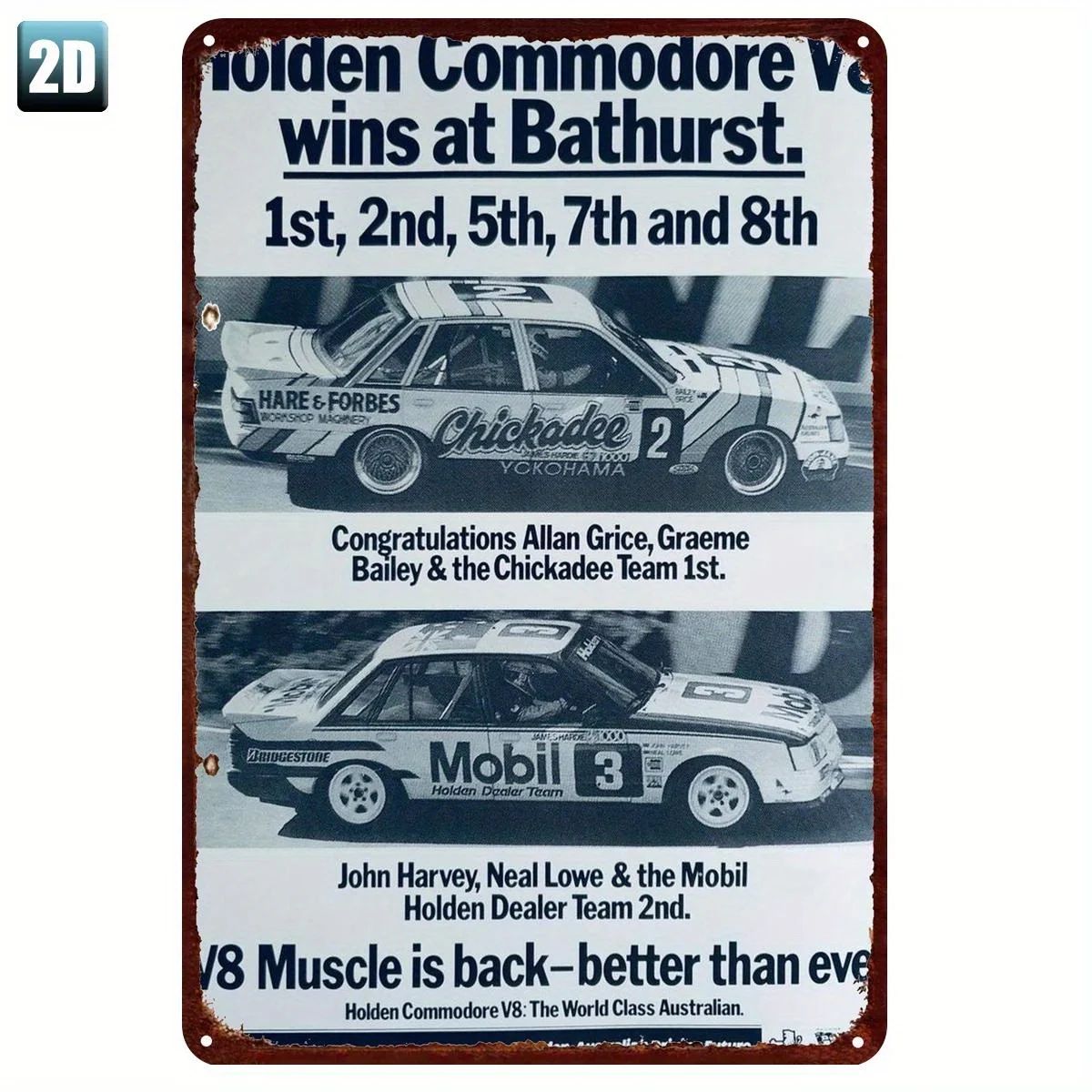 <> Металлическая табличка с изображением винтажного автомобиля Commodore V8, победившего в гонке на Батхерсте настенное украшение в ретро-стиле, автомобильный декор для гаража или дома.