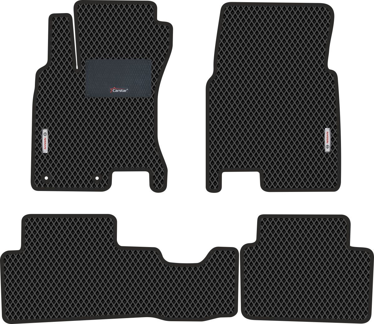 Автомобильные коврики EVA для Nissan Qashqai I (2006-2013), с каучуковым подпятником и 2 эмблемами Nissan, чёрные с чёрным кантом, ячейка - ромб