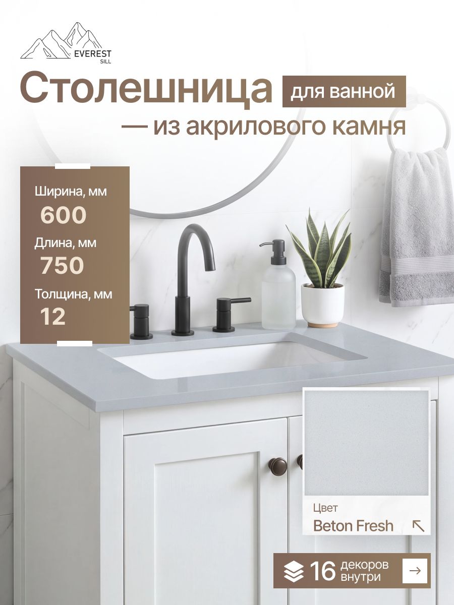 Столешница для ванной из искусственного камня 750x600x12мм Beton Fresh глянцевый