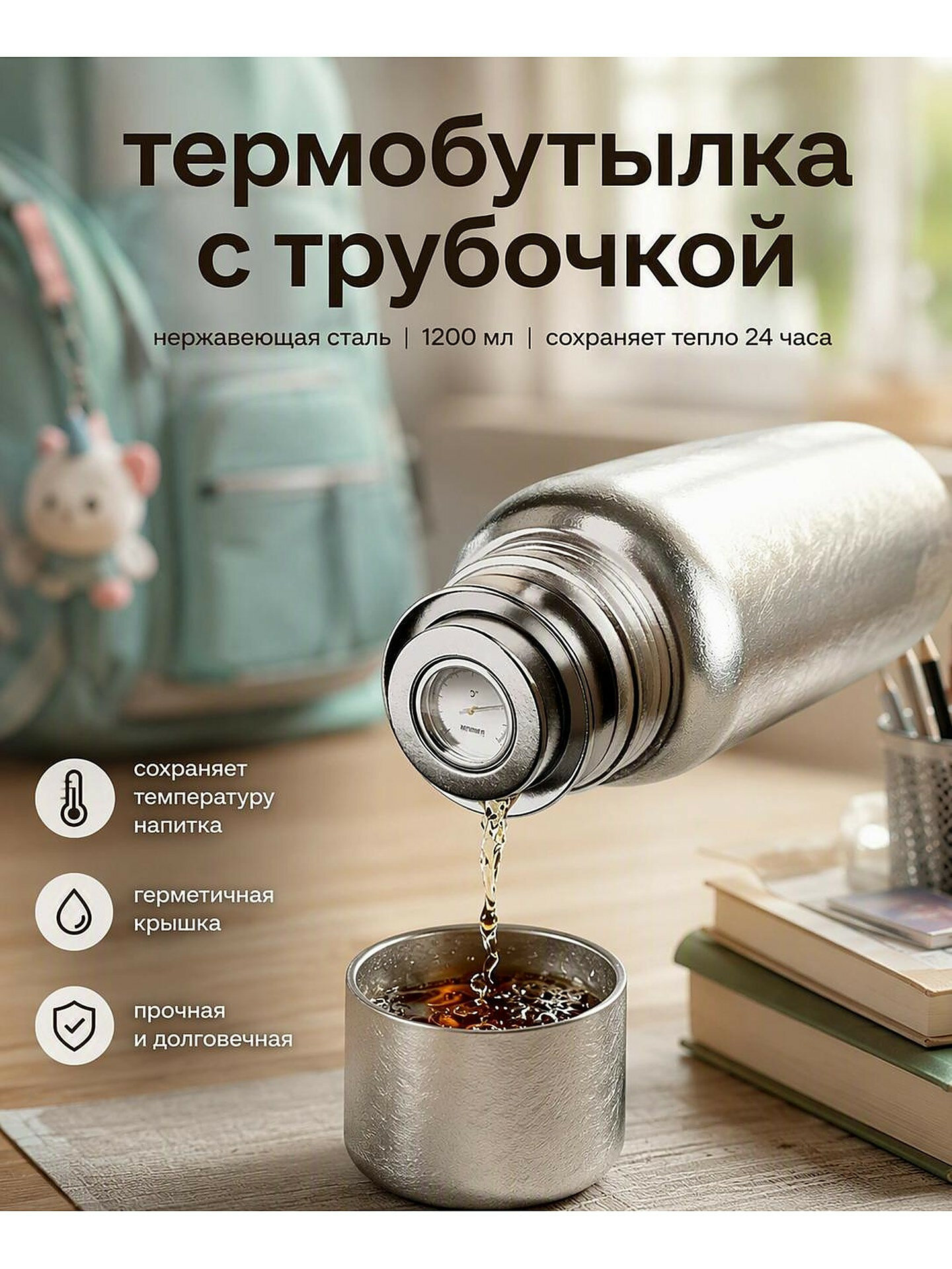 Термобутылка титановая с термометром на крышке и ручкой, для чая и кофе, серебристая
