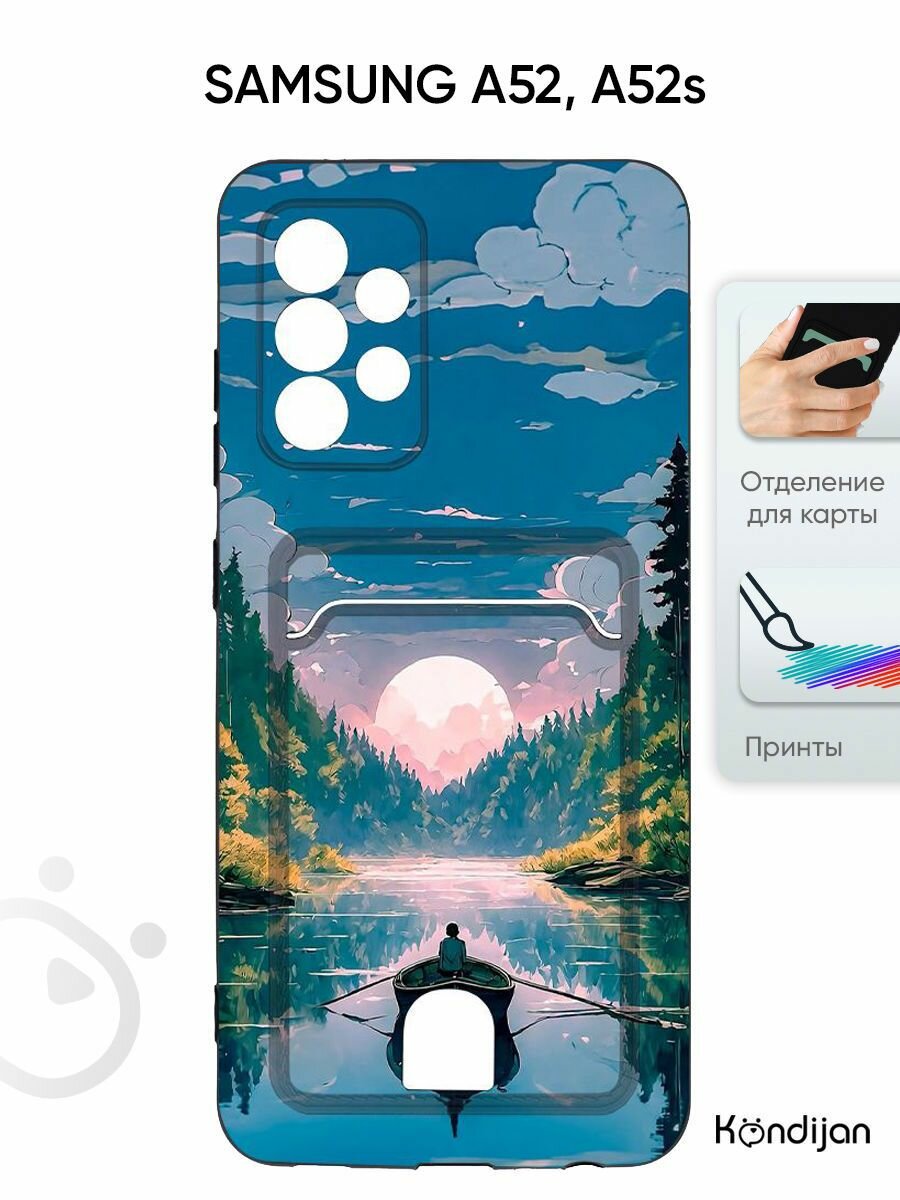 Чехол на Samsung A52, Samsung A52s (A525 A528) с карманом, покрытие soft-touch, черный с принтом мальчик лодка