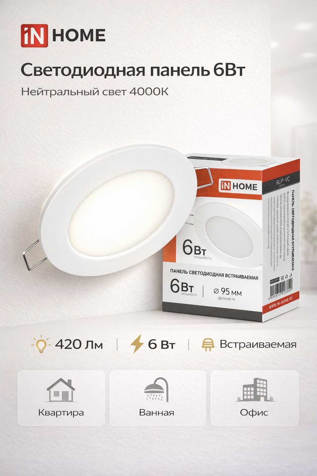Панель светодиодная встраиваемая круглая 6Вт 4000К 420Лм 95мм белая IP40 IN HOME