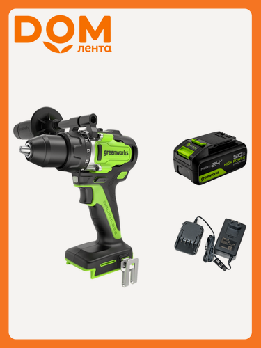 Изображение товара Дрель-шуруповёрт аккумуляторная бесщёточная Greenworks GD24DD90 3707507OUG 24 В 1 АКБ 5 Ач и ЗУ