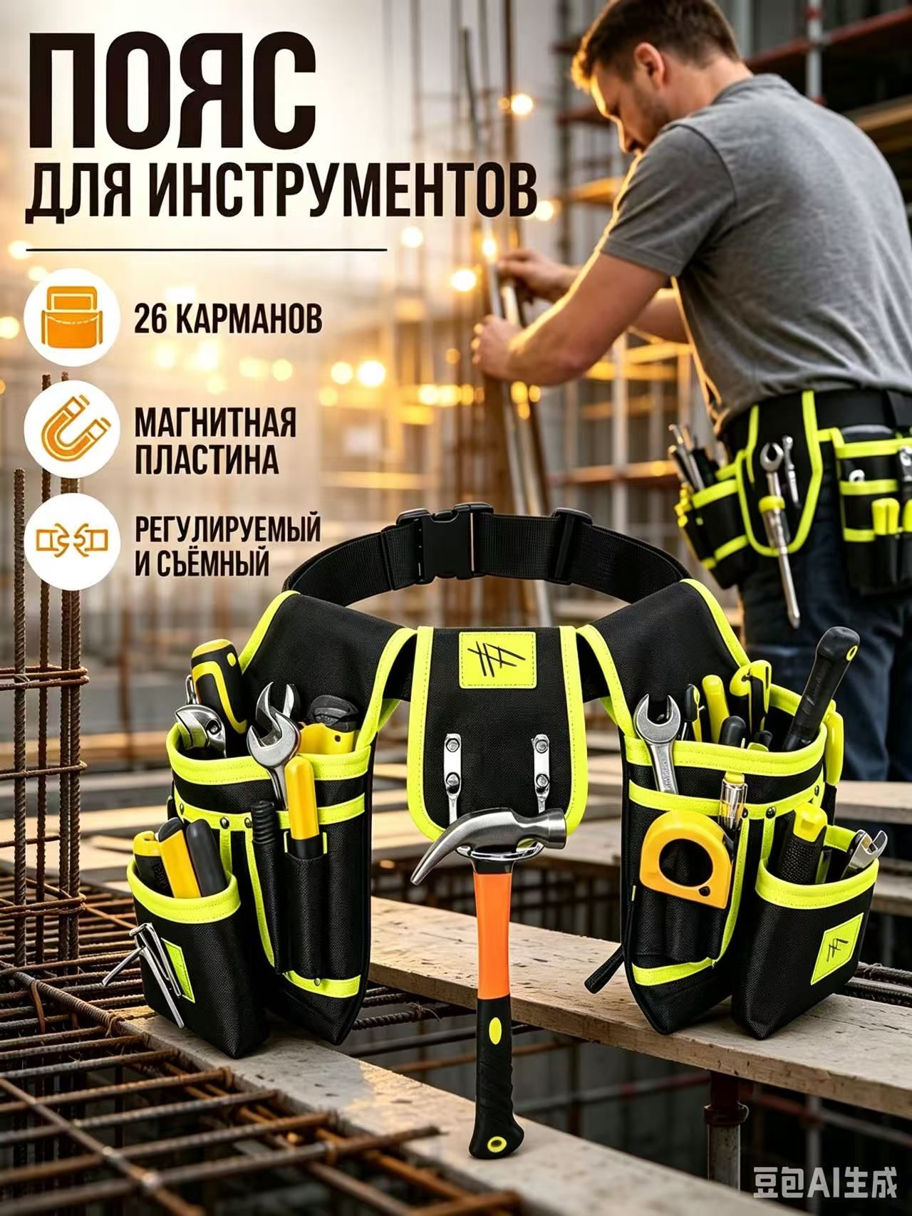 Пояс монтажника строительный для инструментов, плотный текстильный пояс-сумка с отделениями для отверток и плоскогубцев.
