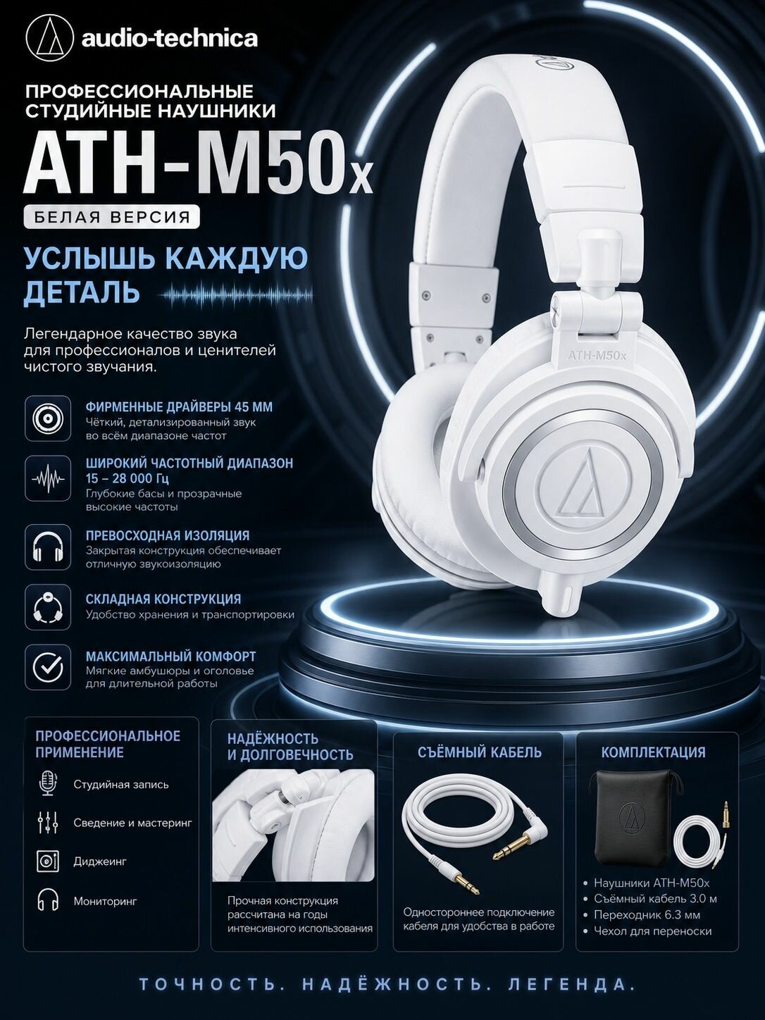 Audio-Technica Наушники проводные, 3.5 мм, 6.3 мм, белый, светло-серый