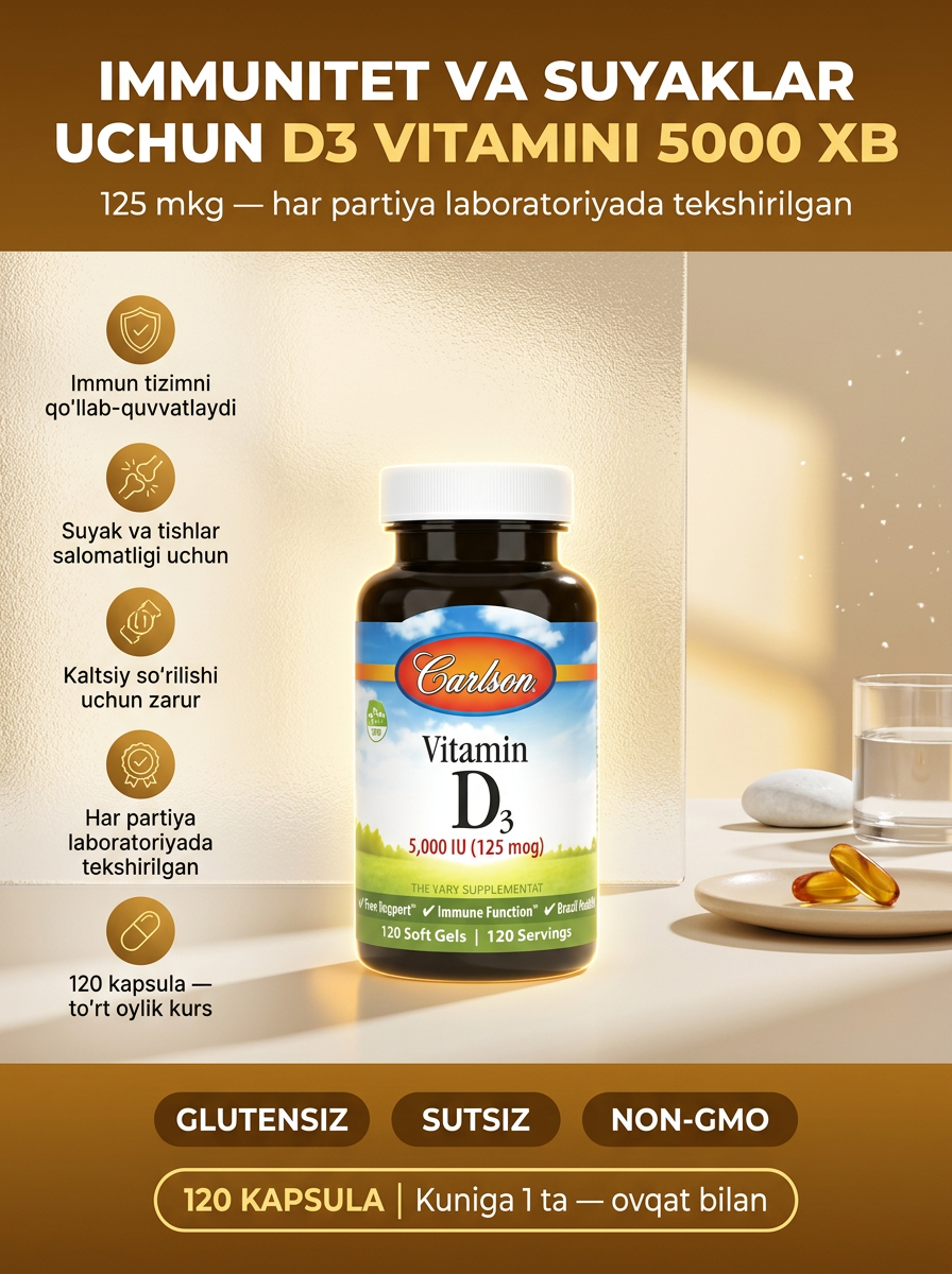 Пищевая добавка Vitamin D3 5000IU Carlson N120 для укрепления здоровья организма