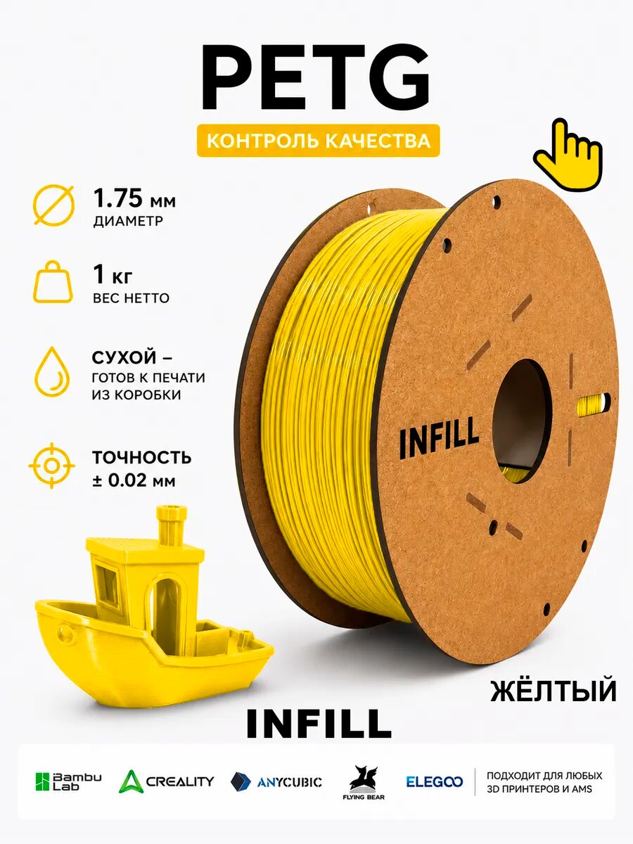 PETG филамент для 3D принтера 1.75 мм 1 кг Желтый пластик