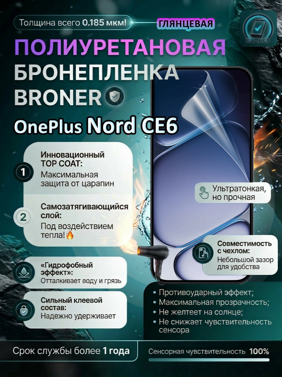 Полиуретановая бронепленка для OnePlus Nord CE6 / Защитная плёнка на экран, совместима с чехлом, с вырезом под камеру / Глянцевая
